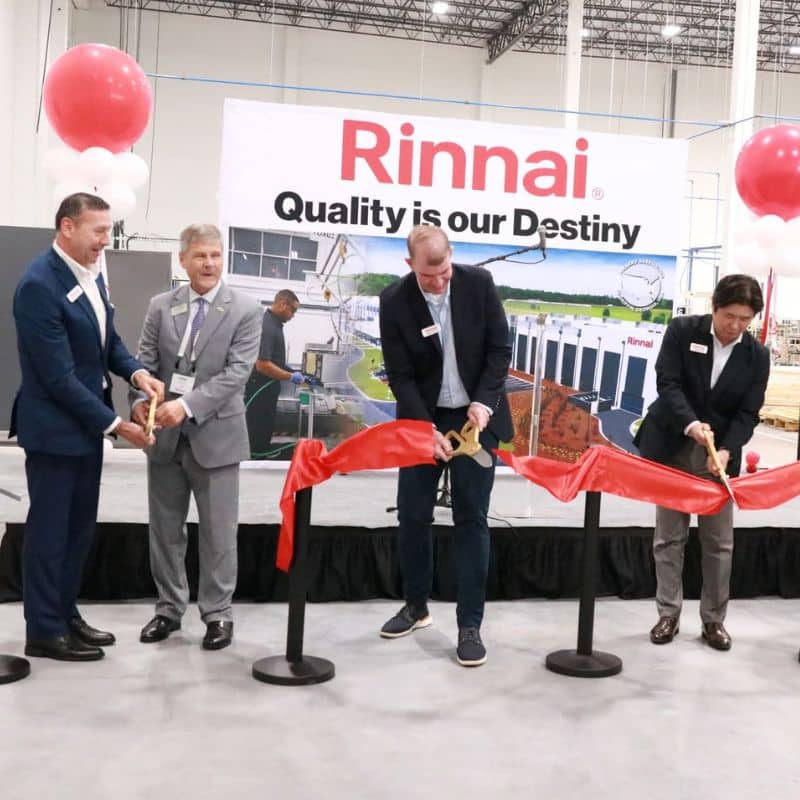 Rinnai ribbon cutting ceremony celebrating a massive 306,000 sq. ft. Commercial Manufacturing Facility & Distribution Center in Griffin, GA. We’re proud to be a Rinnai distributor and celebrate this major milestone!