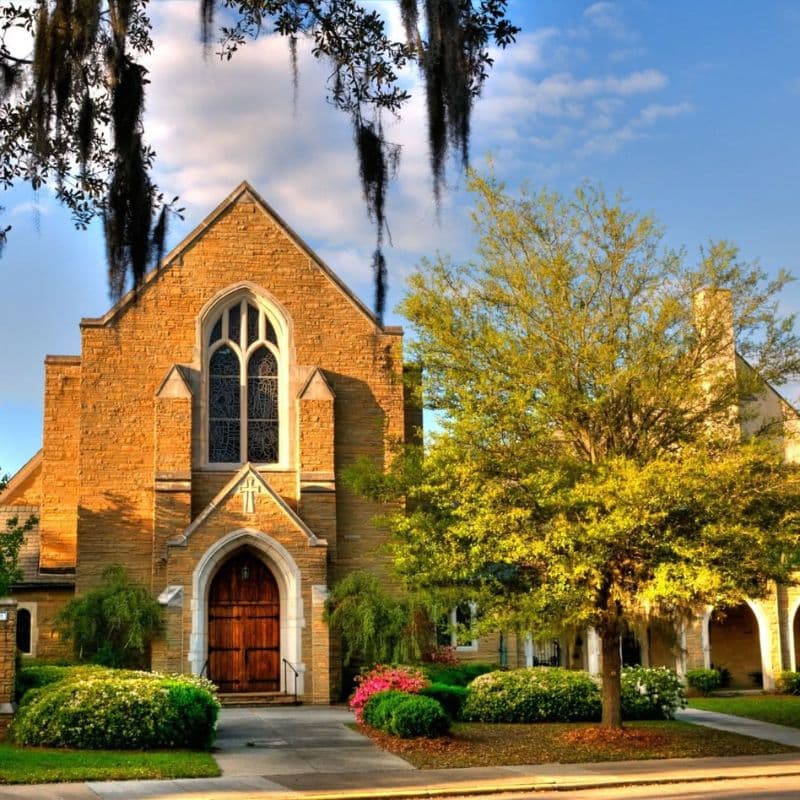 Front of First Presbyterian Church — where the team at Henry Plumbing Company repaired a ceiling leak, helping preserve the integrity and beauty of this historic space.