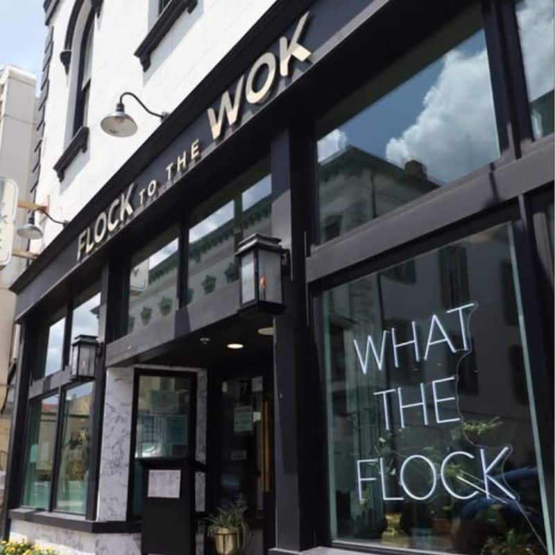 The front of Flock to the Wok, a downtown Savannah restaurant where Henry Plumbing's team installed a new hand sink faucet to keep things running smoothly behind the scenes.
