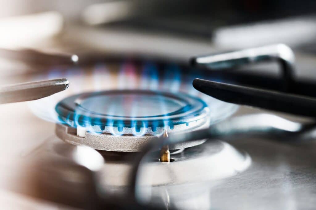 Natural gas stove burner in residential kitchen