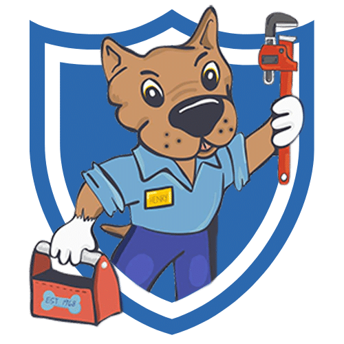 Henry Plumbing's logo with the cartoon dog in front of a badge
