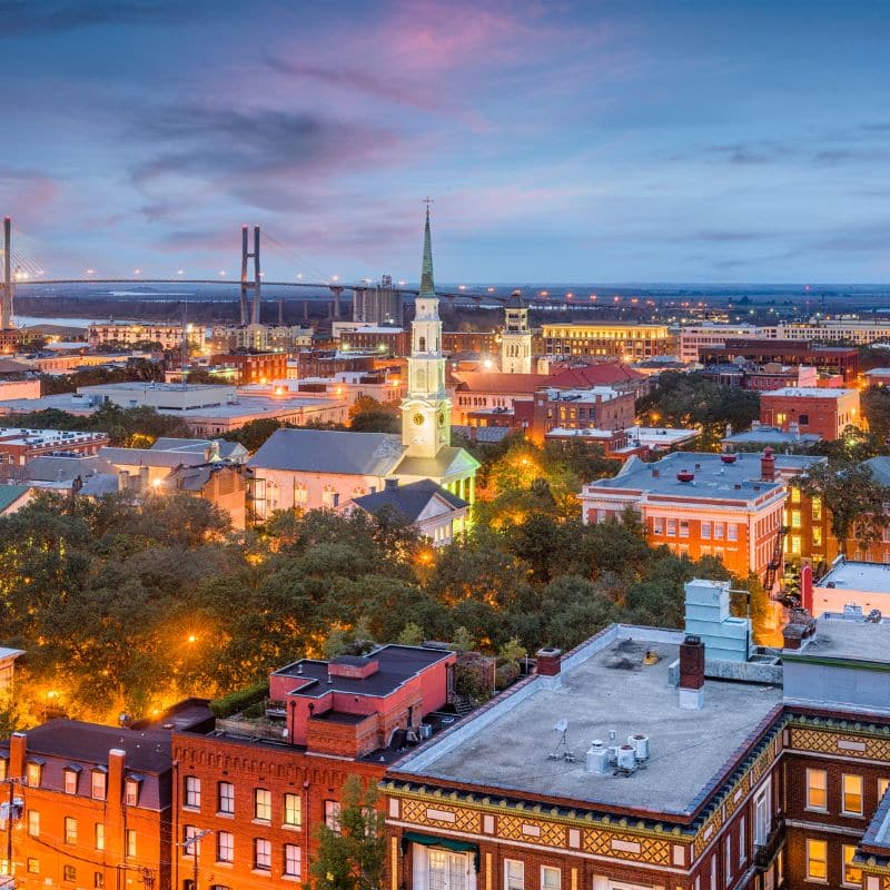 A drone photo of Savannah downtown.