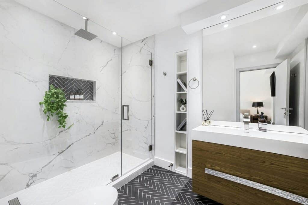 Modern bathroom remodel with shower and vanity installation