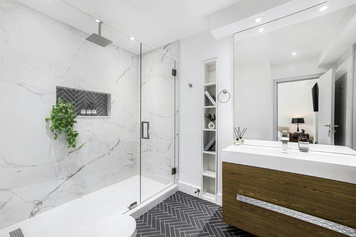 Modern bathroom remodel with shower and vanity installation