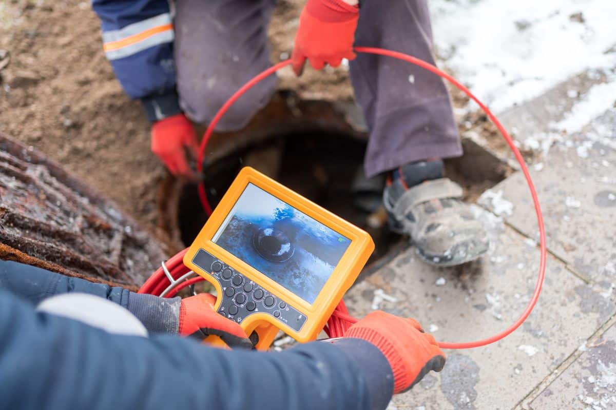 Plumbing technician performing sewer camera inspection service