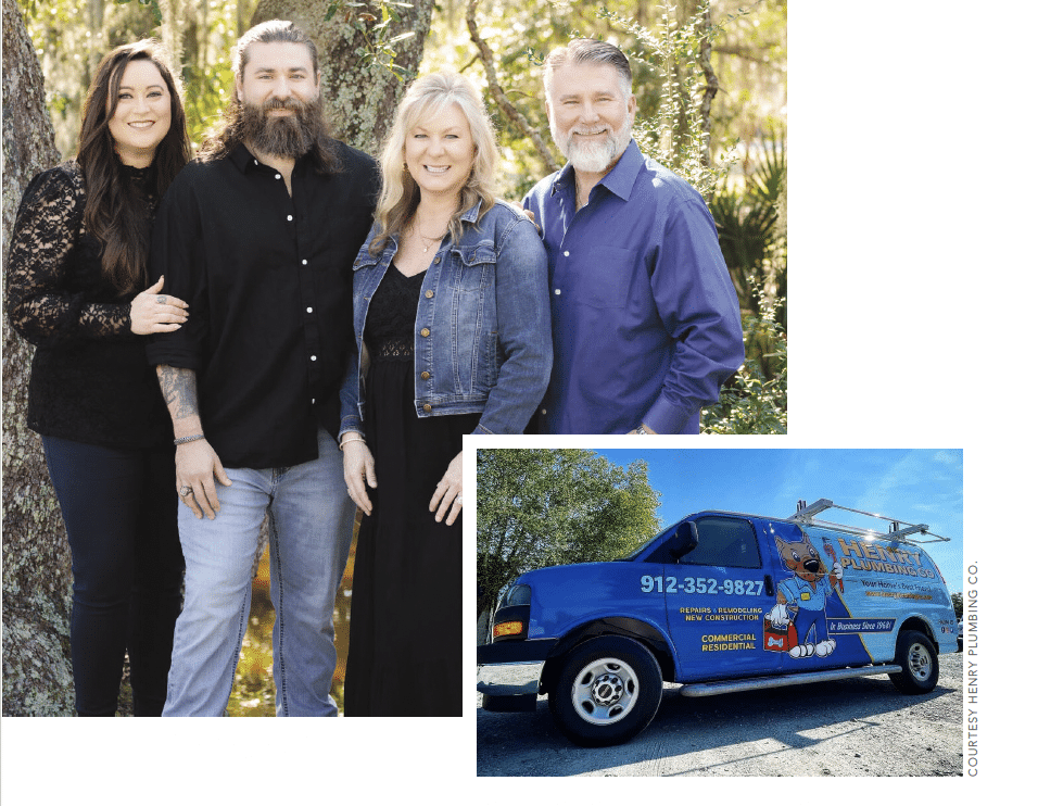Screenshot of the top of a magazine article that shows the four family members behind Henry Plumbing and their truck